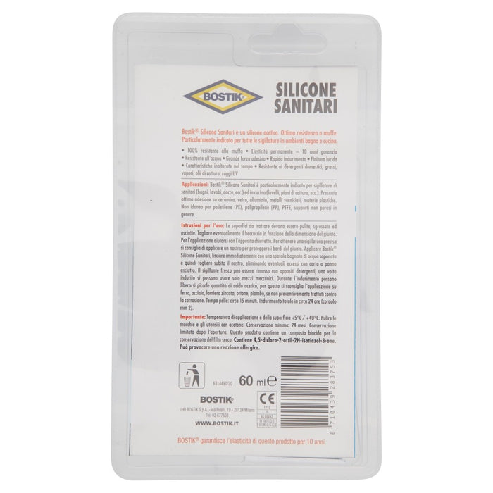 SILICONE SANITARI BIANCO Blister 60 ml., silicone acetico. BOSTIK