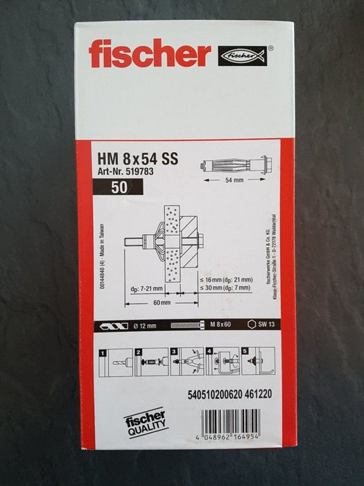 Tassello Metallo per Lastre e Pannelli HM 8x54 SS. Scatola 50 pezzi. Fischer