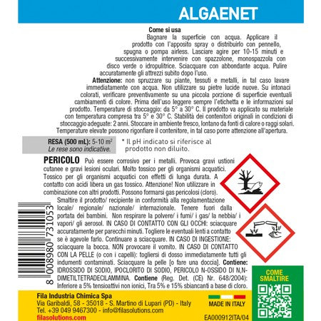 ALGAE NET, Detergente Anti-Alghe. per esterni. Flacone con Spruzzino. 500 ml. Fila.