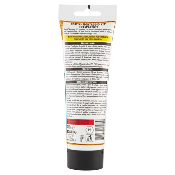 MONTAGEKIT TRASPARENTE, Colla di montaggio. Tubo 210gr. BOSTIK