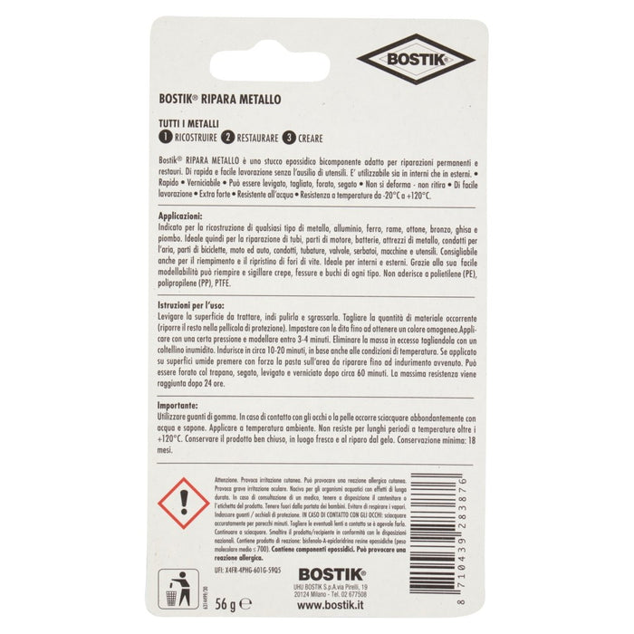 RIPARA METALLO BLISTER 56 gr., Stucco per Metallo epossidico bicomponente, BOSTIK