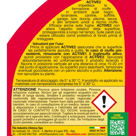ACTIVE2, Protezione Attiva da Muffe. Flacone con Spruzzino. 500 ml. Fila.